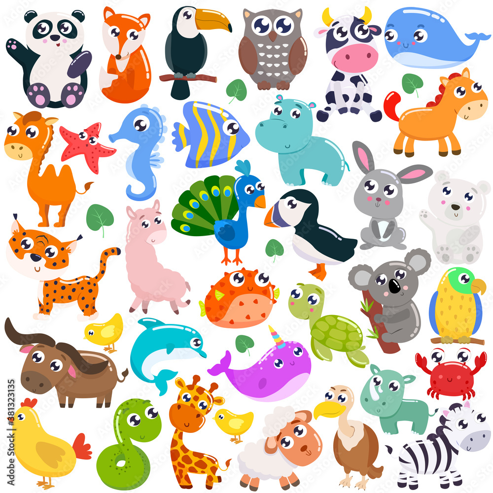 Obraz premium Big set of cute cartoon animals. Vector flat illustration.