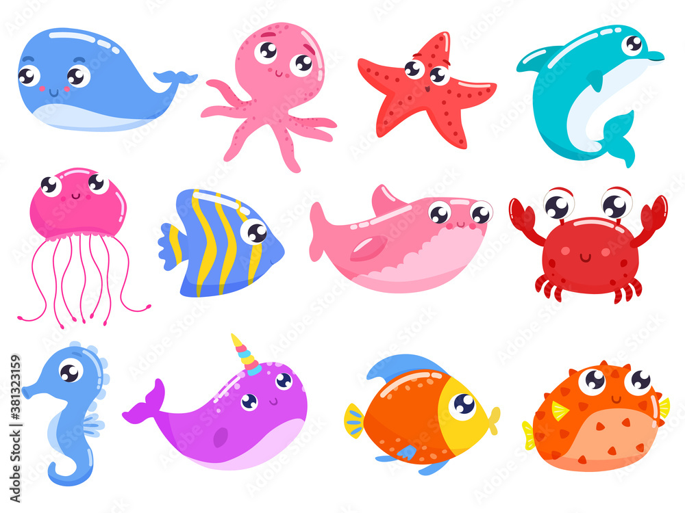Fototapeta premium Set of cartoon colorful cute sea animals. Vector flat illustration.