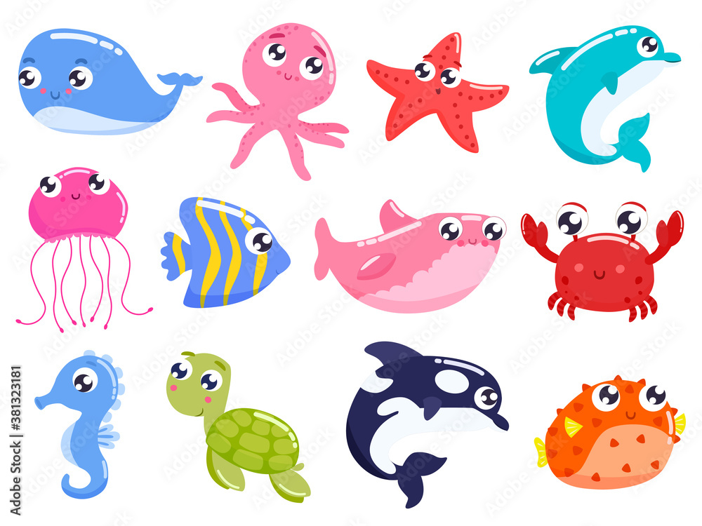 Set of cartoon colorful cute sea animals. Vector flat illustration.