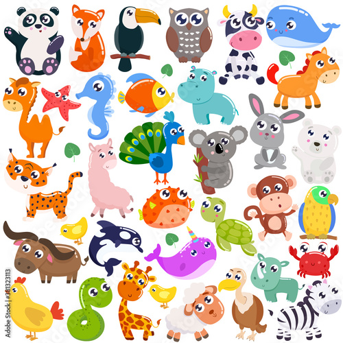 Big set of cute cartoon animals. Vector flat illustration.