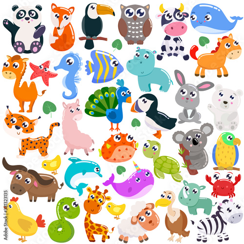 Big set of cute cartoon animals. Vector flat illustration.