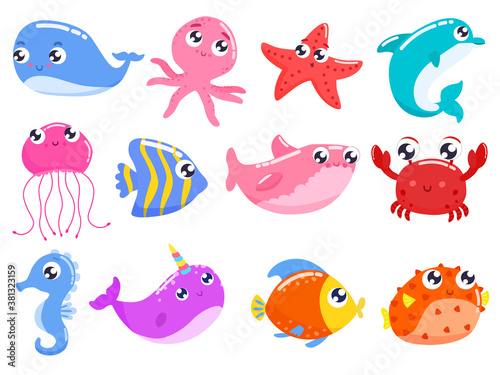 Fototapeta Naklejka Na Ścianę i Meble -  Set of cartoon colorful cute sea animals. Vector flat illustration.