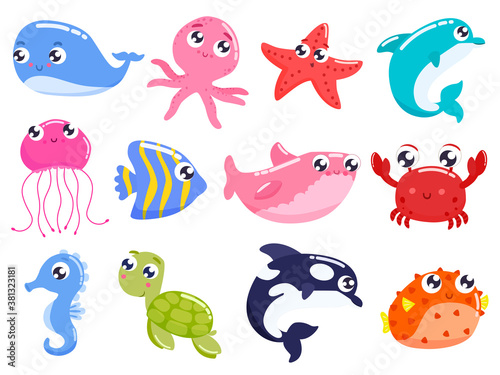 Set of cartoon colorful cute sea animals. Vector flat illustration. © Svetlana