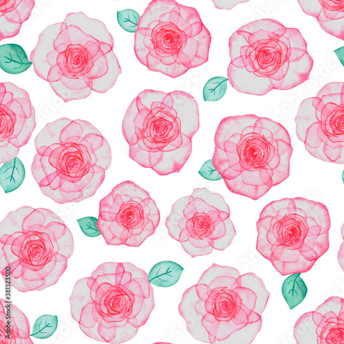 Watercolor seamless pattern with pink roses with transparent petals on a white background. For textiles  Wallpaper  invitations  greetings  wedding design.