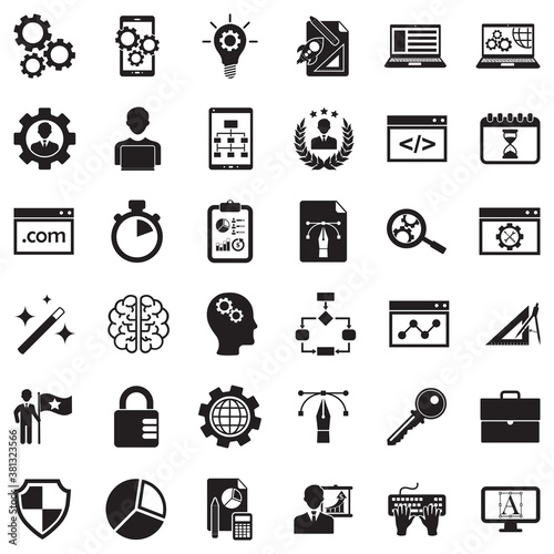 Development Icons. Black Flat Design. Vector Illustration.
