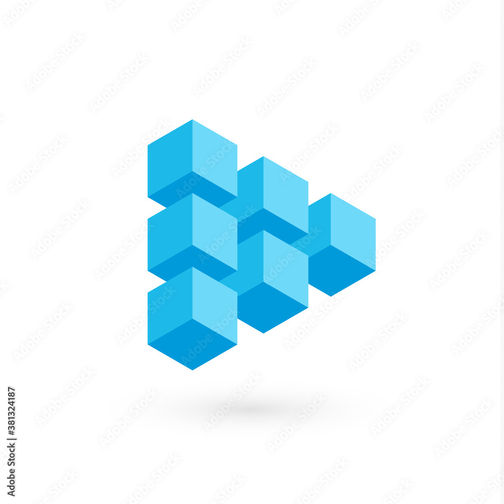 Play button for digital media, audio and video, triangular shape from 3D cubes, blue volumetric figure, architecture symbol. Isolated vector logo template for business. Icon for infographic Play button for digital media, audio and video, triangular shape from 3D cubes, blue volumetric figure, architecture symbol. Isolated vector logo template for business. Icon for infographic