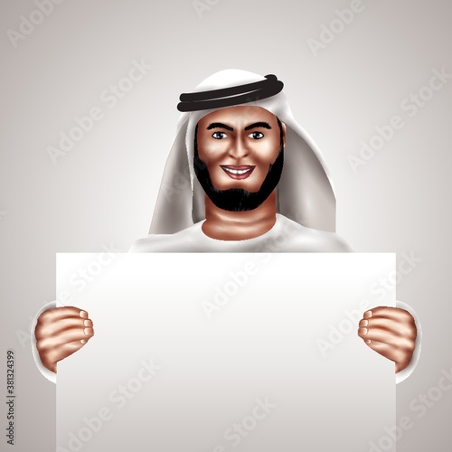 middle eastern man holding a blank cardboard
