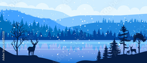 Winter panoramic vector landscape with snow, reindeer, hills, forest outline, frozen lake. Christmas holiday background with pines silhouette, river, mountains. X-mas winter landscape with north view