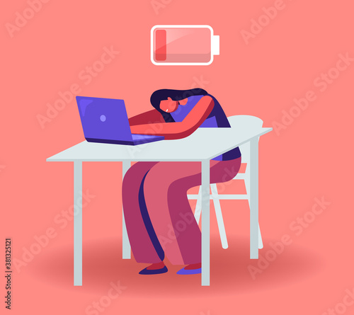 Overwork Burnout Symptom Concept. Lazy or Tired Overload Businesswoman Character with Low Life Energy Power Sleeping
