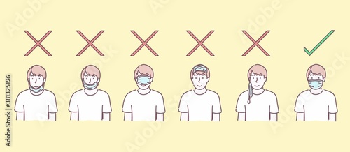 Man wearing surgical mask. How to wear mask for prevent disease, flu, air pollution, contaminated air, concept. Hand drawn flat character style vector,