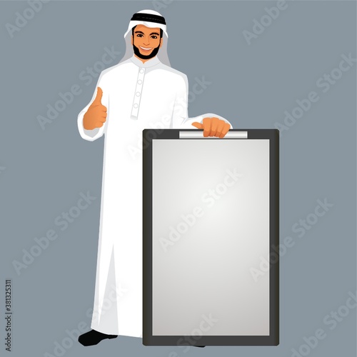 middle eastern man holding a board with a thumbs up signal