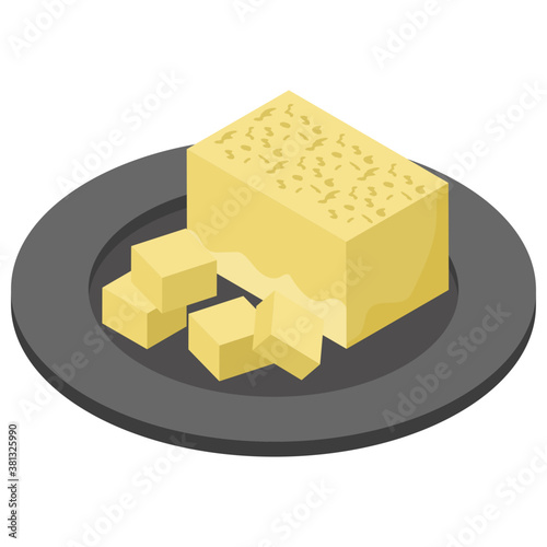  Flat isometric icon of cheese block. 