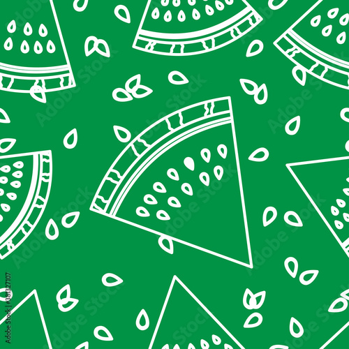 Fresh watermelon slice vector seamless pattern. Watermelon wedge background. Abstract texture  for wrapping, wallpaper, textile,  leaflet. Ripe fruit backdrop.