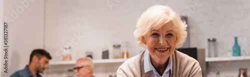 Panoramic shot of grey haired woman looking at camera in kitchen