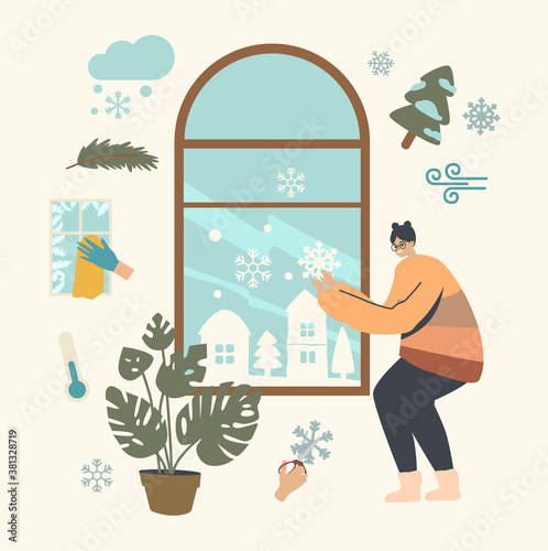 Female Character Enjoying Winter Holidays Preparation Decorating Window for Christmas or New Year with Paper Snowflakes