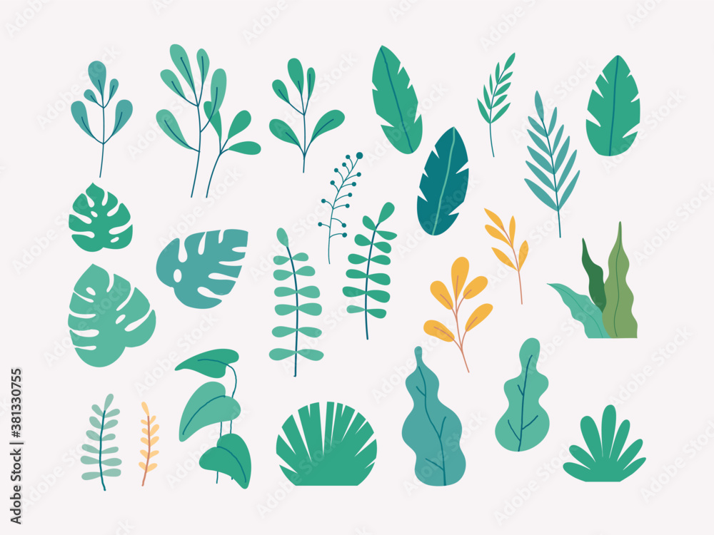 Vector set of flat illustrations of plants, trees, leaves - obrazy, fototapety, plakaty 