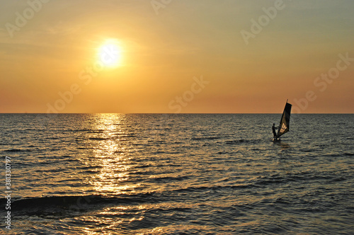 Windsurfing board at sunset. Coast of Phu Quoc Island, Vietnam
