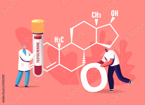 Testosterone Blood Test and Men Health Concept. Tiny Male Patient at Huge Hormone Formula, Diagnostics and Treatment