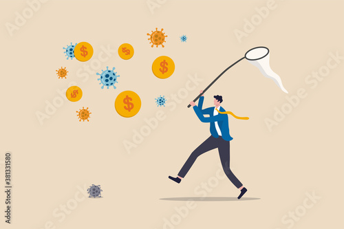 Invest in Coronavirus outbreak, company and business to make money and survive in COVID-19 economy crisis concept, businessman investor risky running in COVID-19 pathogen to catch dollar coin money.