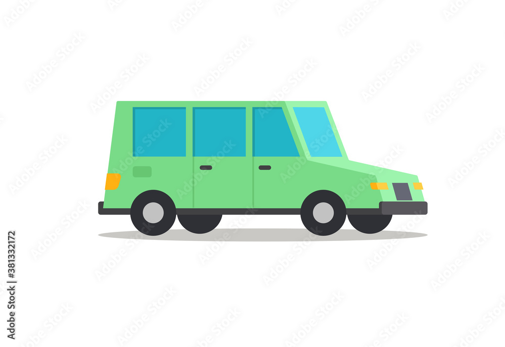 Green minivan on a white isolated background. Car side view. Modern transport vector flat illustration.