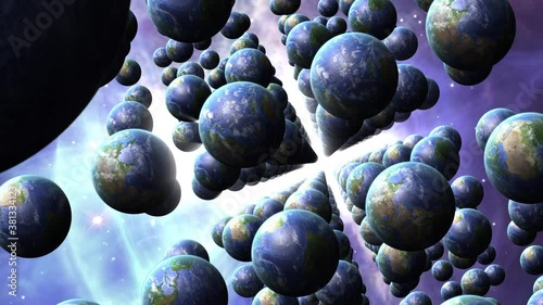 Multiverse concept animation Flying by alternate Earths and timelines