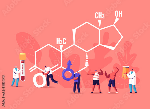 Male Health Concept. Tiny Characters Patients and Doctor at Huge Testosterone Formula. Man Hold Mars Sign. Hormones
