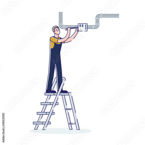 Electrician worker man working with electric meter. Male engeneer fixing breaker