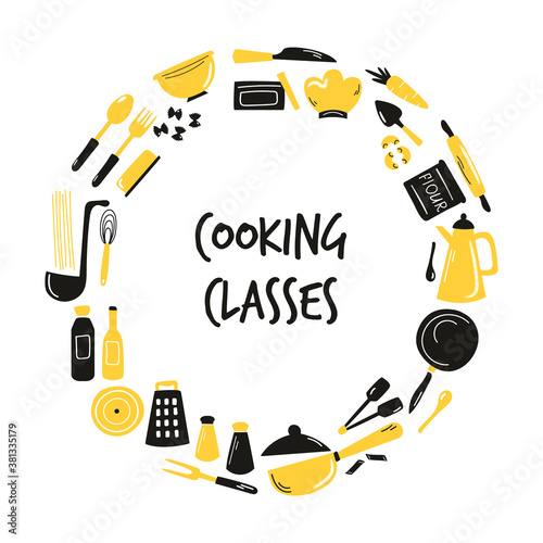 Cooking hand drawn abstract design with kitchen amenities, equipment. Sketched vector illustration