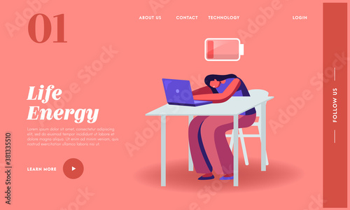 Overwork Burnout Symptom Landing Page Template. Overload Businesswoman Character with Low Life Energy Power Sleeping