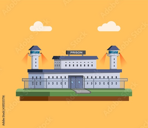 Prison Building with patrol tower concept in flat illustration vector