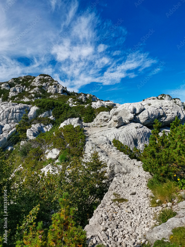 Beautiful karst landscape on Premuziceva trail in the Northern Velebit National Park in Croatia photographed in summer 2020