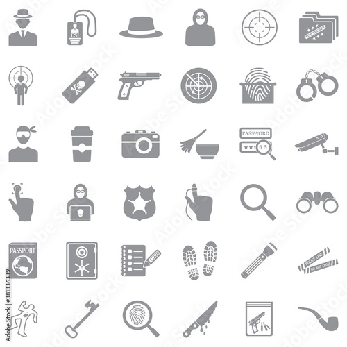 Detective Icons. Gray Flat Design. Vector Illustration.
