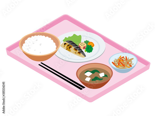 日本の社員食堂の給食（鯖の塩焼）