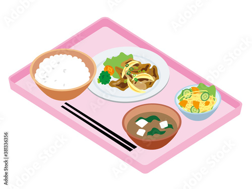 日本の社員食堂の給食（豚の生姜焼き）