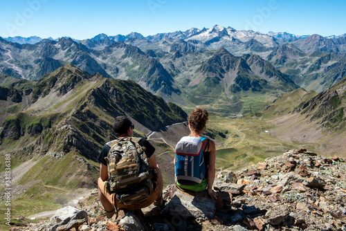 couple of hiker in the french Pyrenees mountains photo