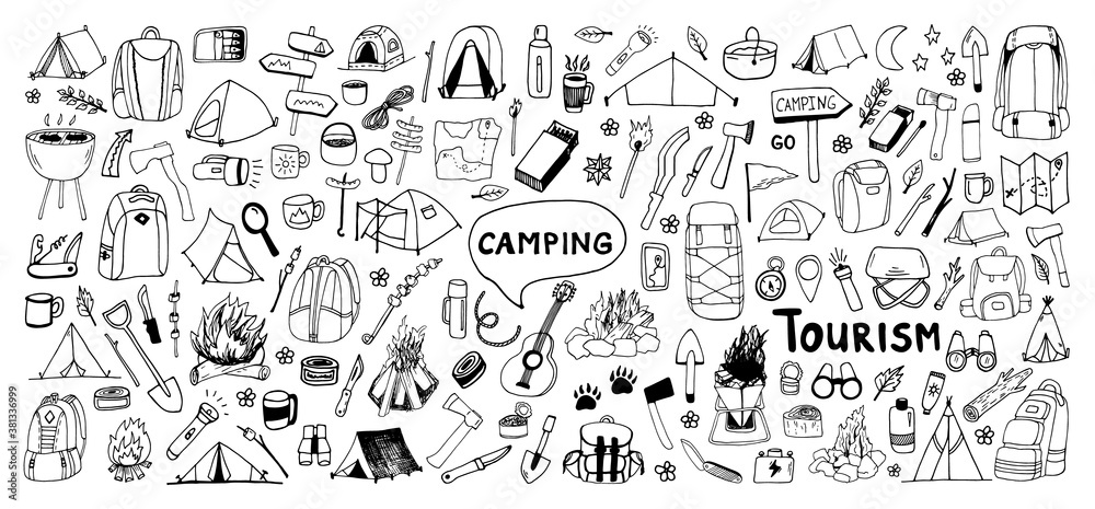 Fototapeta Huge hand drawn vector camping clip art set. Isolated on white background drawing for prints, poster, cute stationery, travel design. High quality illustrations