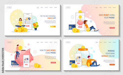 Large money piglet and jar banks with coins inside, phone and people. Money saving or accumulating, Deposit, Internet banking concept. Set of web pages, banners. Vector illustration.