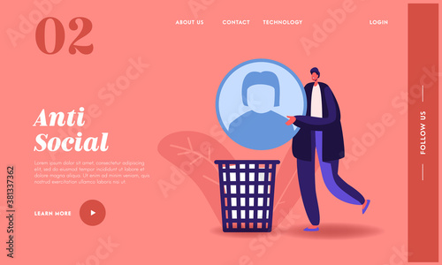 Social Account Deactivation Landing Page Template. Tiny Male Character Throw Huge Avatar Icon to Litter Bin from Network
