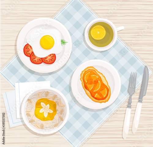 Breakfast on the table. Vector icon with cereal, sandwich, scrambled eggs and tea. Healthy food on plates top view.