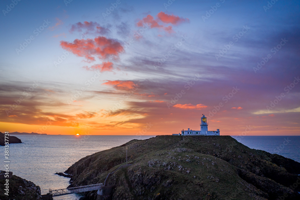 Aerial view of Strumble Head Lighthouse, near Goodwick, Pembrokeshire, Dyfed, Wales, UK