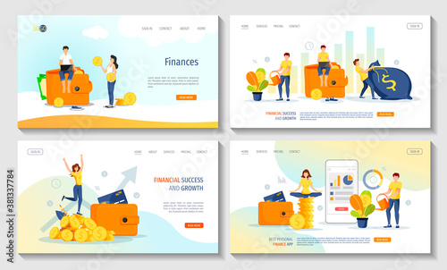 Set of web pages with coins, wallet, money plants and bag, phone, characters. Profit, making money, finance app, business, investment concept. Vector illustration for banner, poster, website.