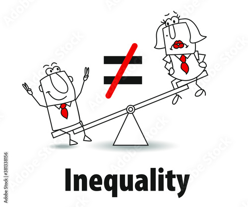 Gender inequality. Karen and Joe are on a weighing machine.
It is a metaphor of gender inequalities in the society