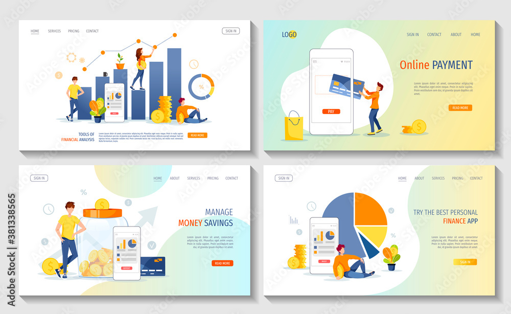Set of web pages with diagrams, phone, money jar bank, people. Profit, investment analysis, online payment, money saving, finance app concept. Vector illustration for banner, poster, website. Set of web pages with diagrams, phone, money jar bank, people. Profit, investment analysis, online payment, money saving, finance app concept. Vector illustration for banner, poster, website.