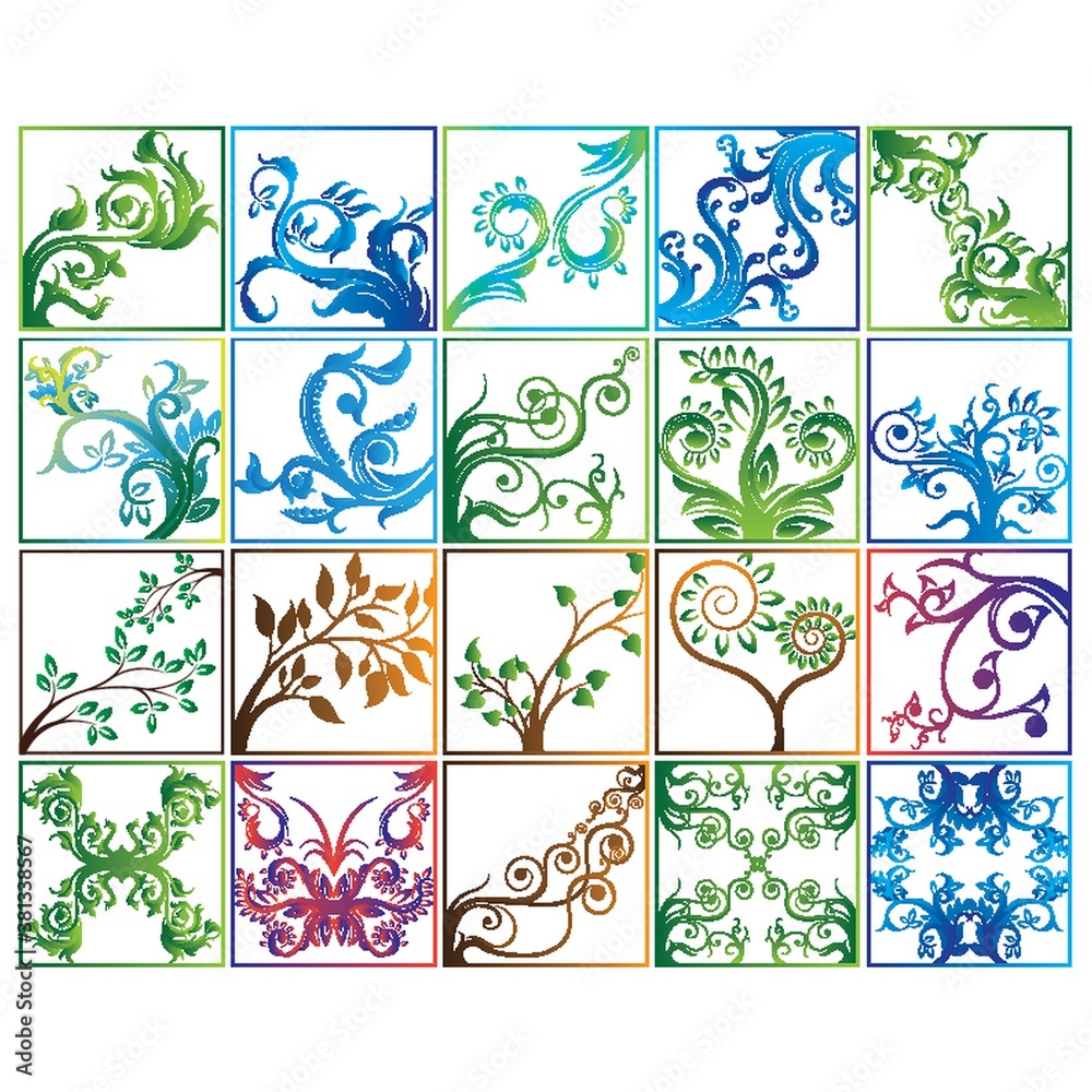 set of floral motif design icons
