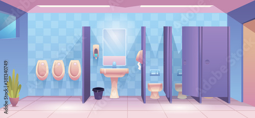 Public toilet. Empty cleaning room wc for male and female person clean toilet interior vector cartoon background. Toilet interior public, wc bathroom and washroom illustration