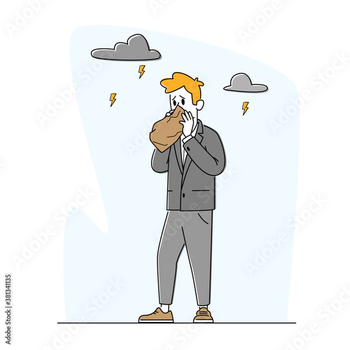Psychology, Fear or Mental Health Problems. Panic Attack in Public Place. Businessman Character Having Panic Disorder