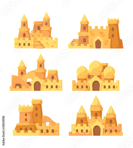 Sandcastles. Fairytale summer buildings on seaside shovel and bucket for sand builders vector set. Illustration tower house fairytale, summertime fortress