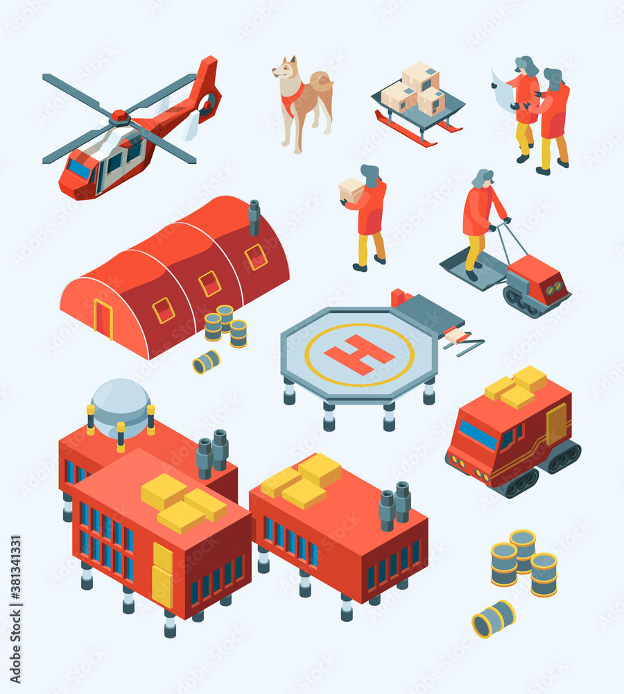 Naklejka premium Arctic explorer. Meteorology polar expedition north pole tourism ship transport specific buildings vector isometric set. Arctic expedition, antarctic transport and meteorological station illustration