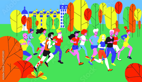 Running diverse group of young and elderly men and women in the autumn park. Autumn marathon race group. Jogging people. Flat color trends vector illustration.