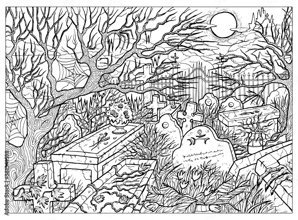 Black and white vector illustration of old abandoned cemetery with scary tombstones, crosses and graves against moon and castle at night.